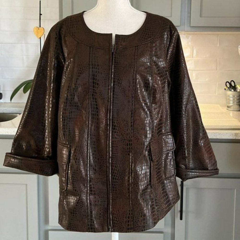 Susan Graver Statement Brown Croc Imprint 3/4 Sleeves Front Flap Pockets 1X
